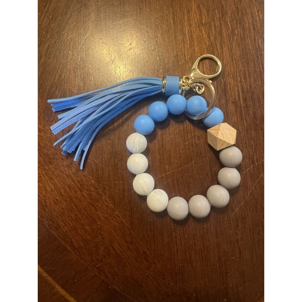 Handmade Elastic Bangle Bracelet Wristlet Keychain Blue and Tan NEW